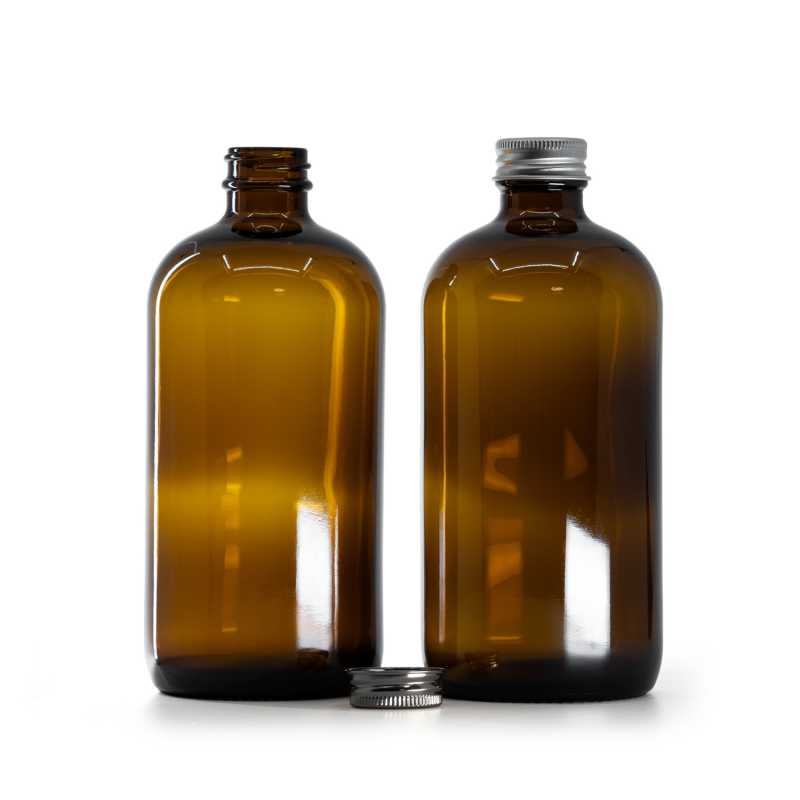 Botella de vidrio ámbar, tapón plateado, 480 ml