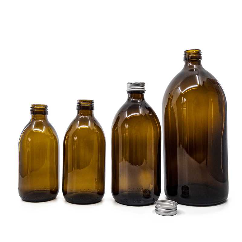 Botella de vidrio ámbar, tapón de aluminio plateado, 500 ml