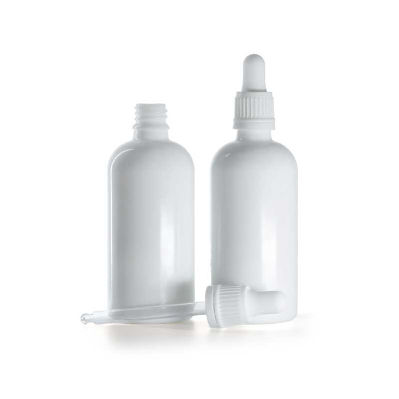 Botella de vidrio, blanca, cuentagotas, 100 ml