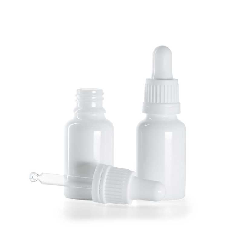 Botella de vidrio, blanca, cuentagotas blanco, 15 ml