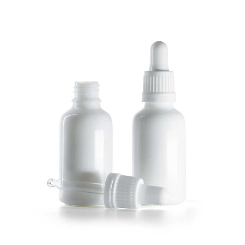 Botella de vidrio, blanca, cuentagotas blanco, 30 ml