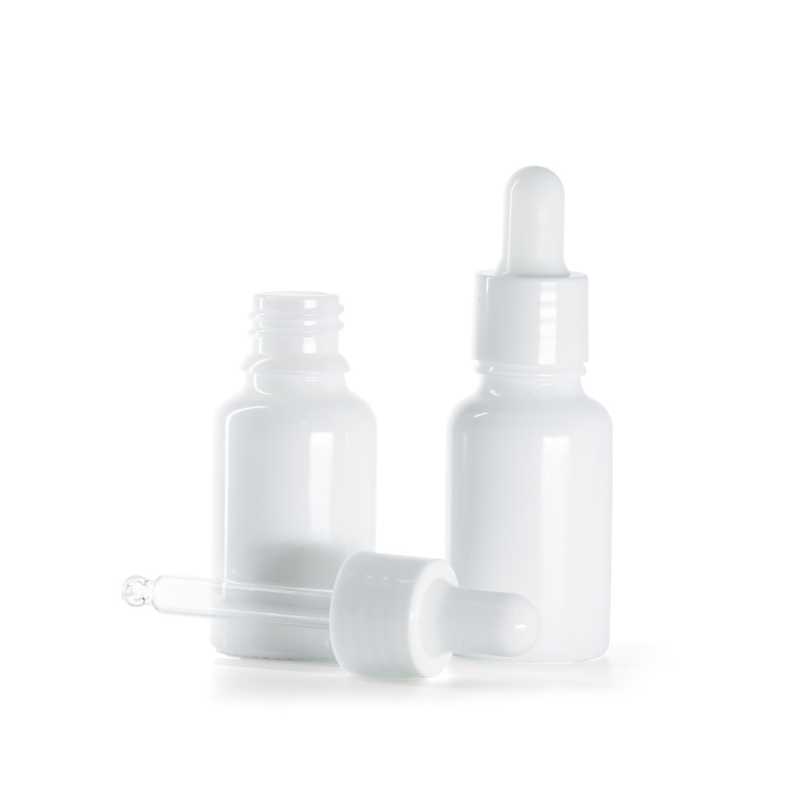 Botella de vidrio, blanca, cuentagotas blanco brillante, 15 ml