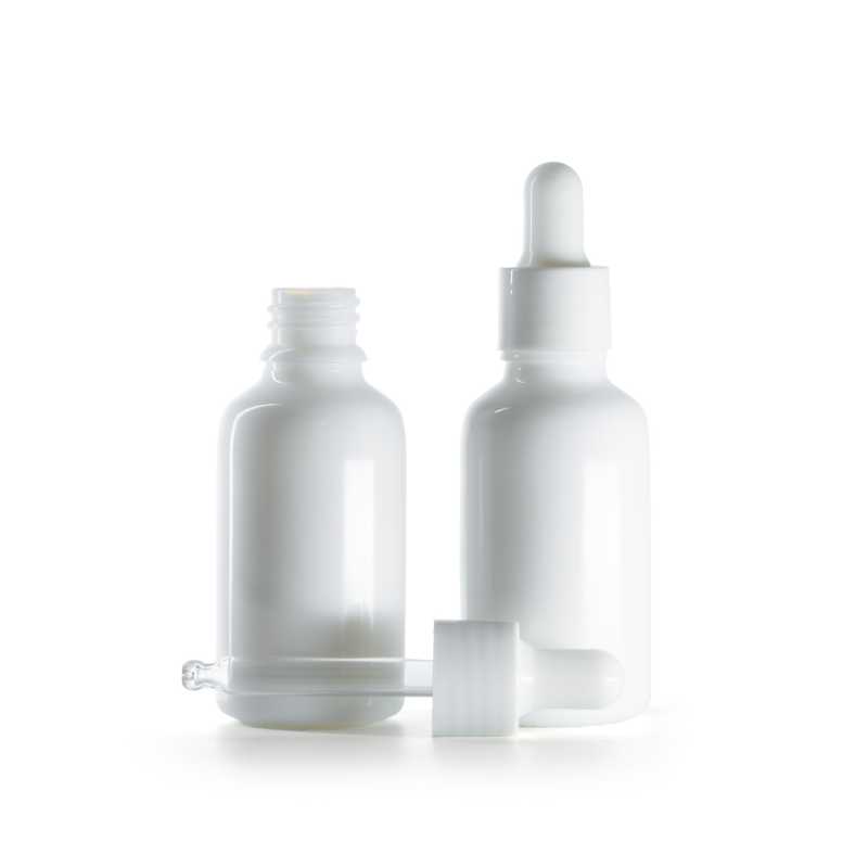 Botella de vidrio, blanca, cuentagotas blanco brillante, 30 ml