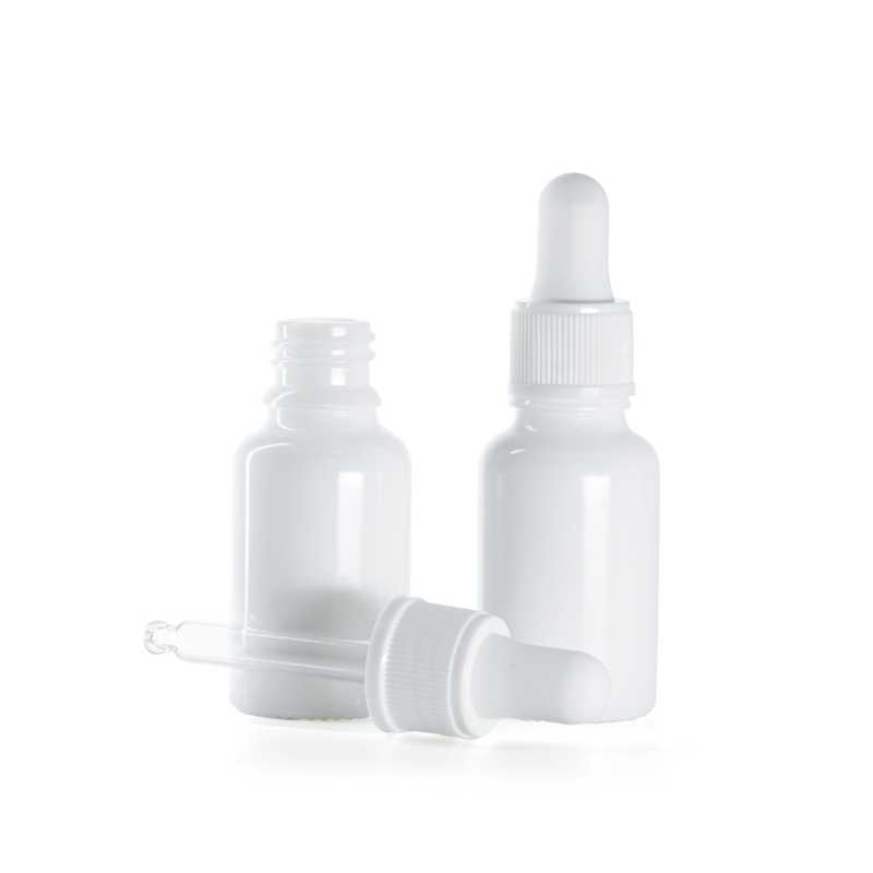 Frasco de vidrio, blanco, cuentagotas blanco mate, 15 ml