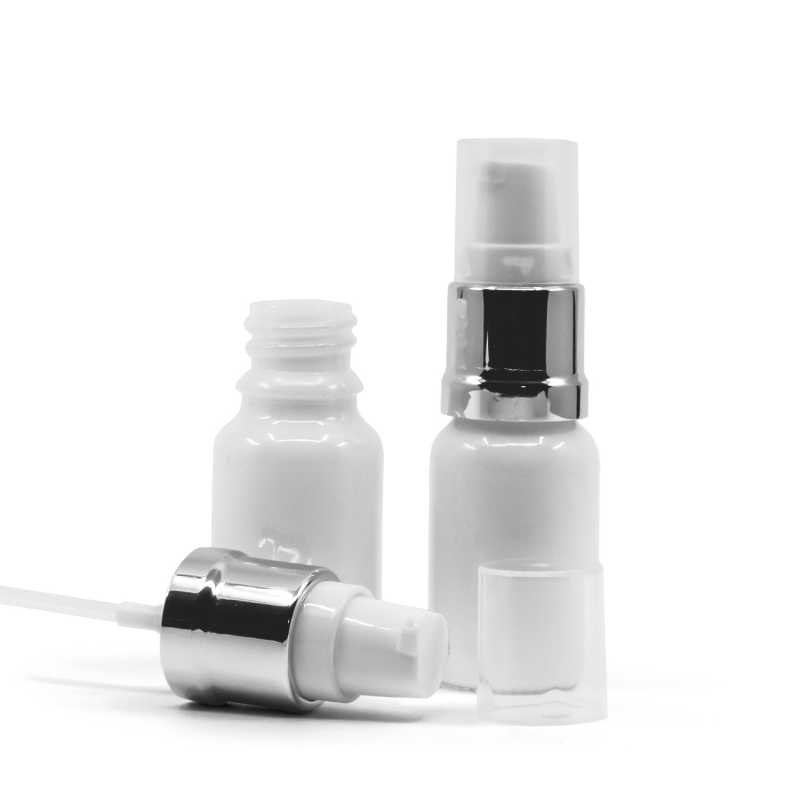 Frasco cuentagotas de vidrio, blanco, dosificador blanco plateado brillante, 10 ml