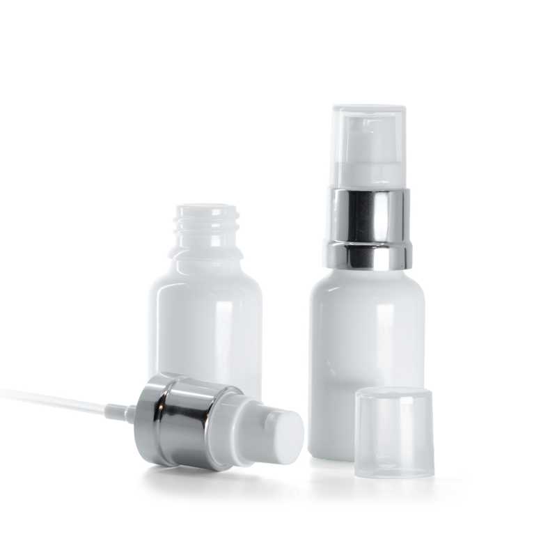 Frasco de vidrio, blanco, dosificador blanco plateado brillante, 15 ml