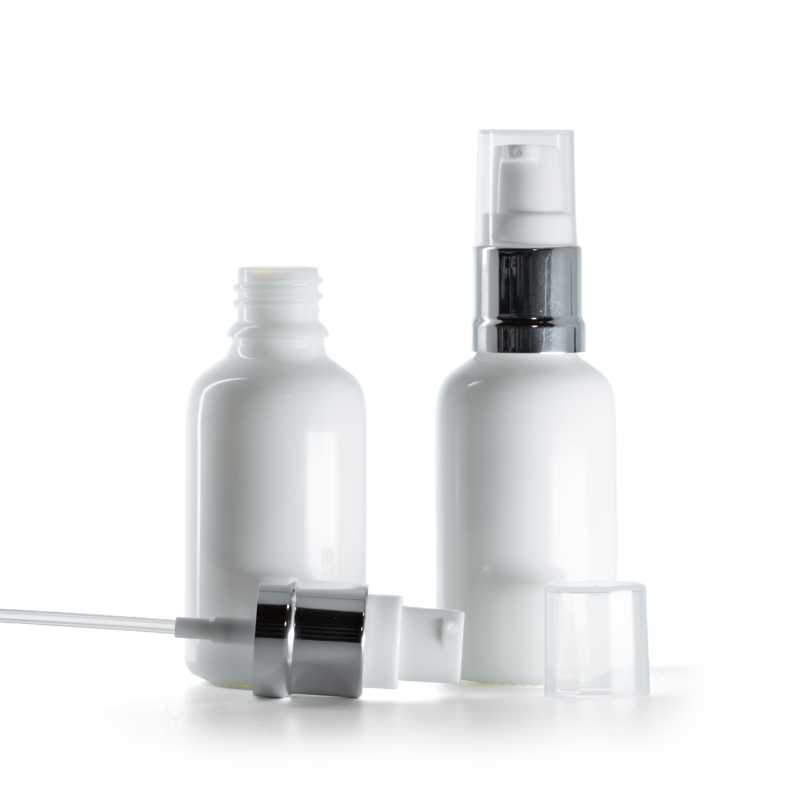 Botella de vidrio, blanca, dispensador blanco plateado brillante, 30 ml