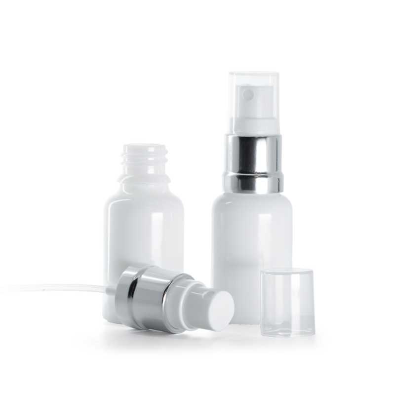 Frasco de vidrio, blanco, pulverizador blanco plateado, 15 ml