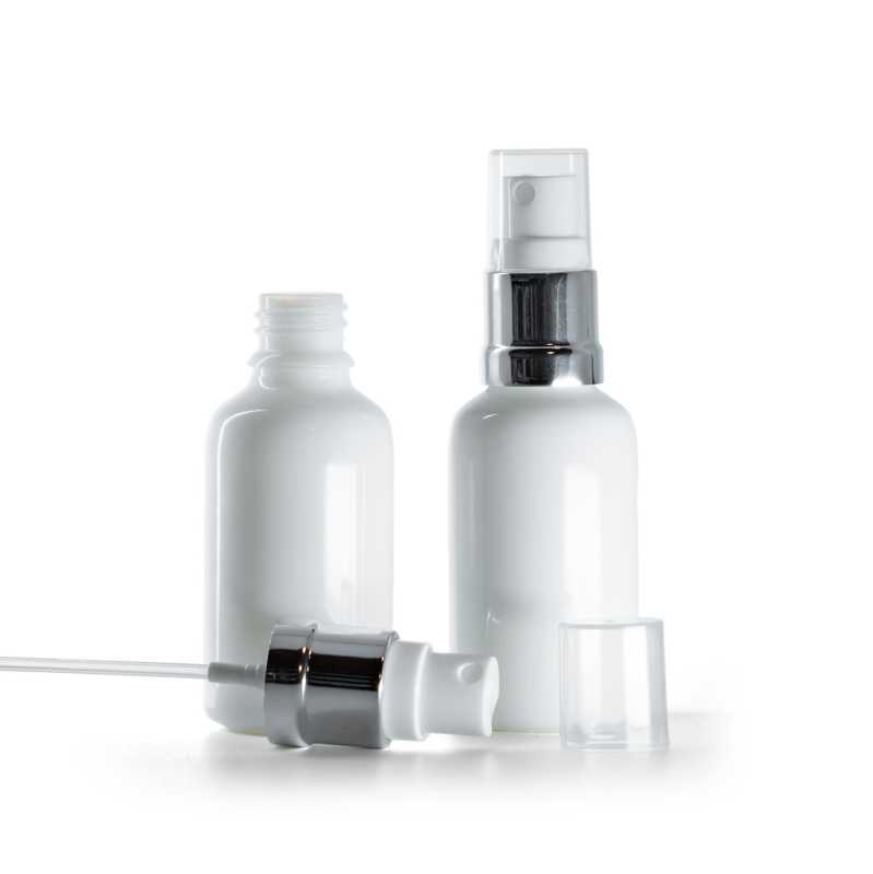 Frasco de vidrio, botella para medicamentos, blanco, pulverizador blanco y plateado brillante, 30 ml