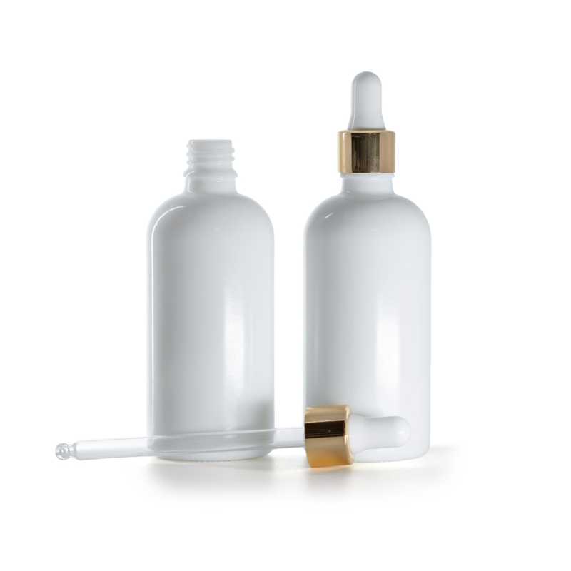 Botella de vidrio, blanca, cuentagotas blanco dorado, 100 ml