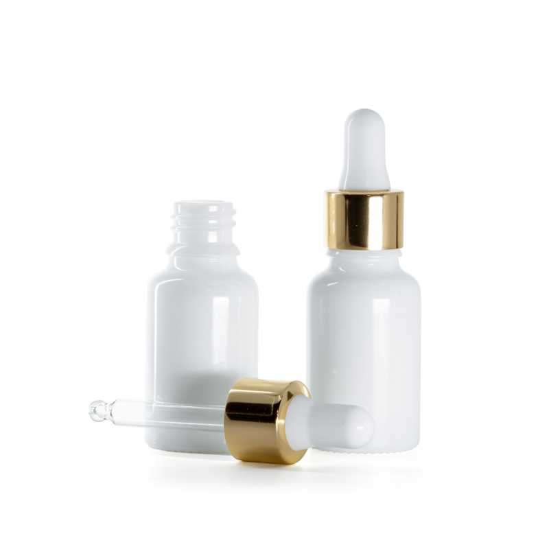 Botella de vidrio, blanca, cuentagotas blanco y dorado, 15 ml