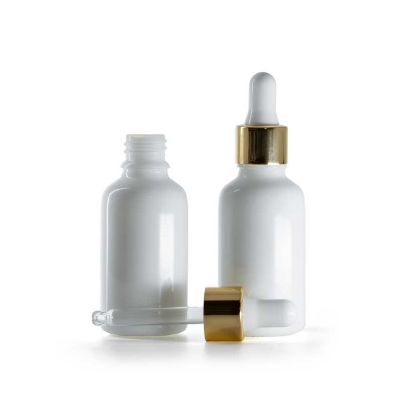 Frasco de vidrio, blanco, cuentagotas blanco y dorado, 30 ml