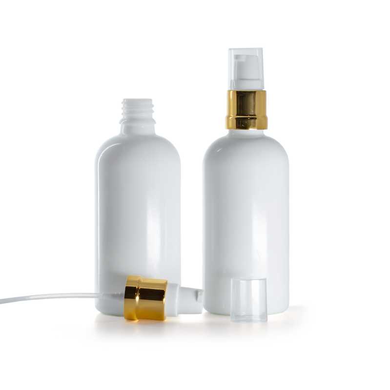 Frasco de vidrio, blanco, dosificador blanco dorado brillante, 100 ml
