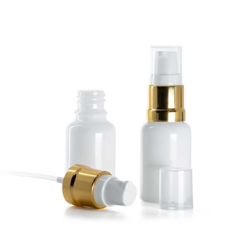 Frasco de vidrio, blanco, dispensador blanco dorado brillante, 15 ml