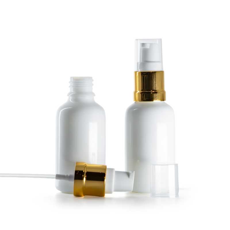 Frasco de vidrio, blanco, dispensador blanco y dorado brillante, 30 ml