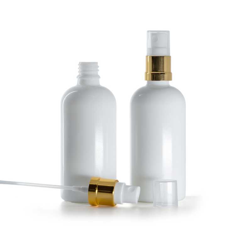 Frasco de vidrio, blanco, pulverizador blanco-dorado, 100 ml