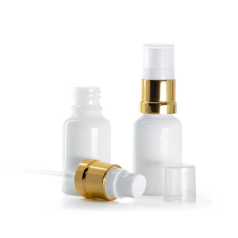 Botella de vidrio, blanca, pulverizador blanco dorado brillante, 15 ml