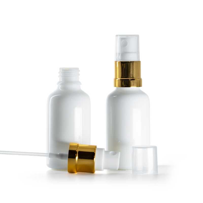 Botella de vidrio, blanca, pulverizador blanco dorado brillante, 30 ml