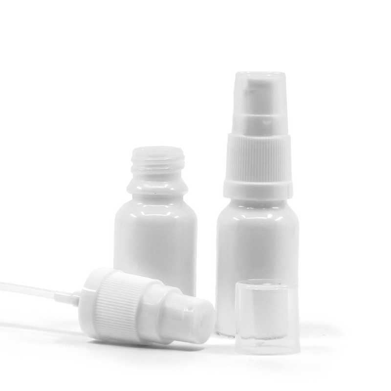 Botella de vidrio, loción, blanca, 10 ml, con dispensador blanco