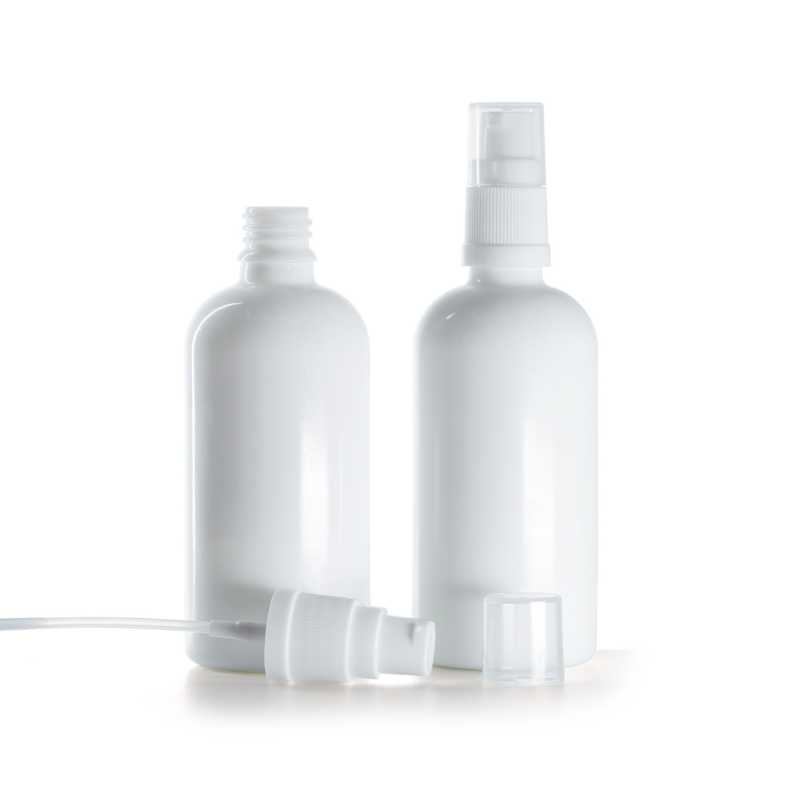 Botella de vidrio, blanca, dispensador blanco, 100 ml
