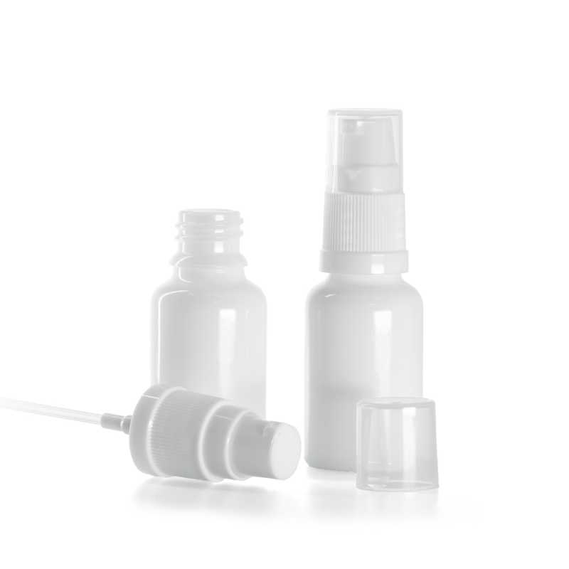 Botella de vidrio, blanca, dispensador, 15 ml