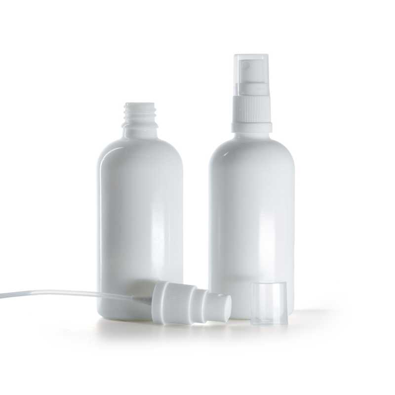 Botella de vidrio, blanca, pulverizador, 100 ml