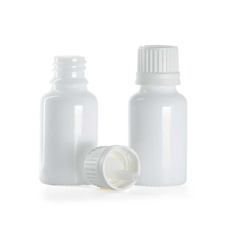 Frasco de vidrio blanco, tapón blanco con cuentagotas, 15 ml