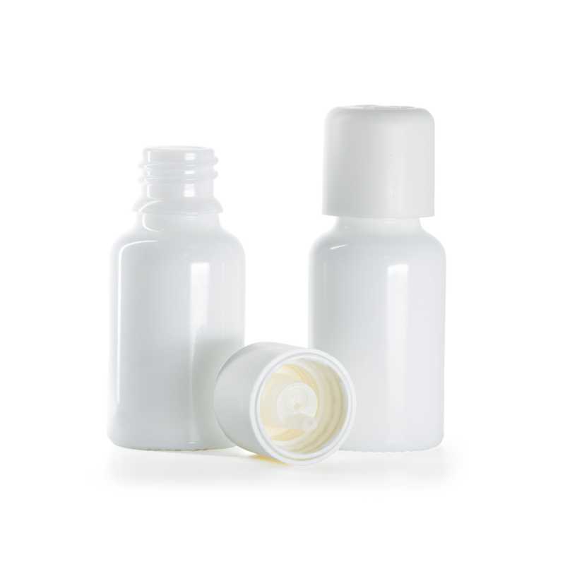 Frasco de vidrio, blanco, tapón de seguridad con cuentagotas, 15 ml