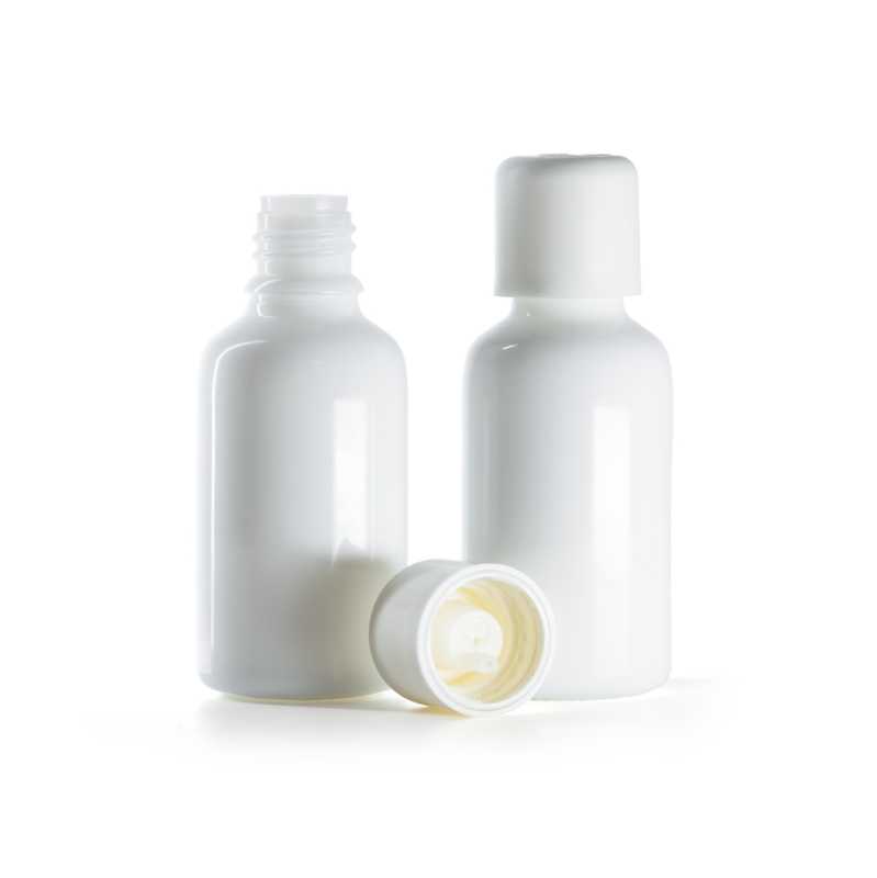 Frasco de vidrio, blanco, tapón de seguridad con cuentagotas, 30 ml