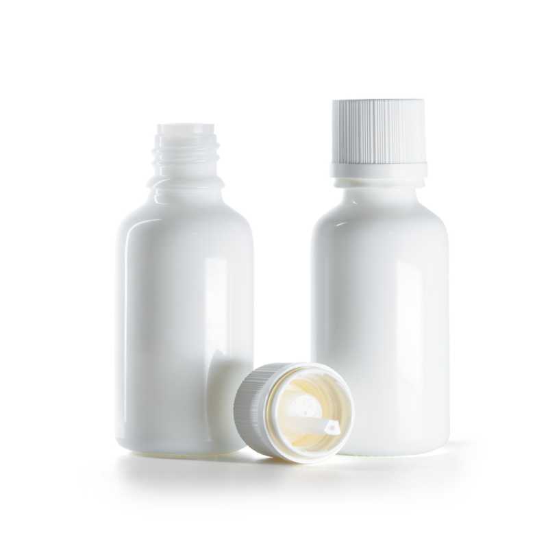 Frasco de vidrio, blanco, tapón de seguridad con cuentagotas, 30 ml