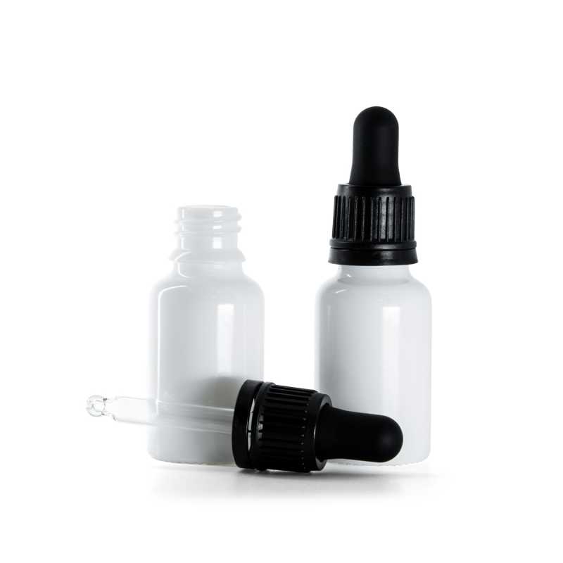 Botella de vidrio, blanco, cuentagotas inviolable negro, 15 ml