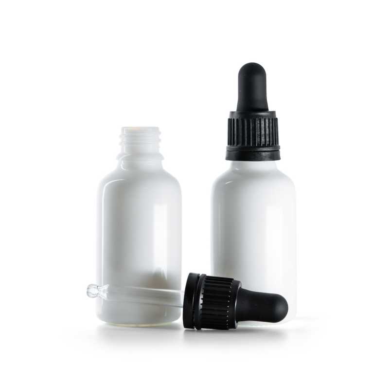 Botella de vidrio, blanca, cuentagotas negro, 30 ml
