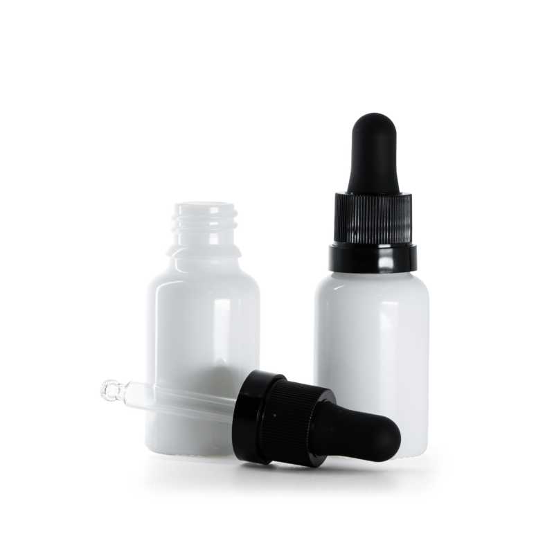 Frasco de vidrio, gotero negro mate con banda brillante, blanco, 15 ml