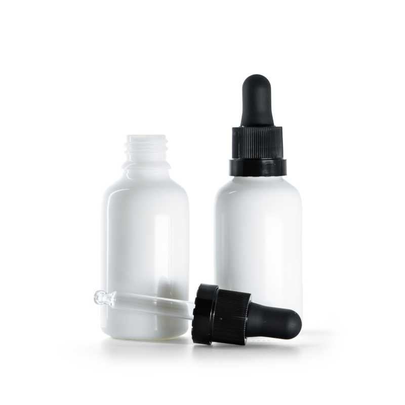 Botella de vidrio, blanca, cuentagotas negro con franja brillante, 30 ml