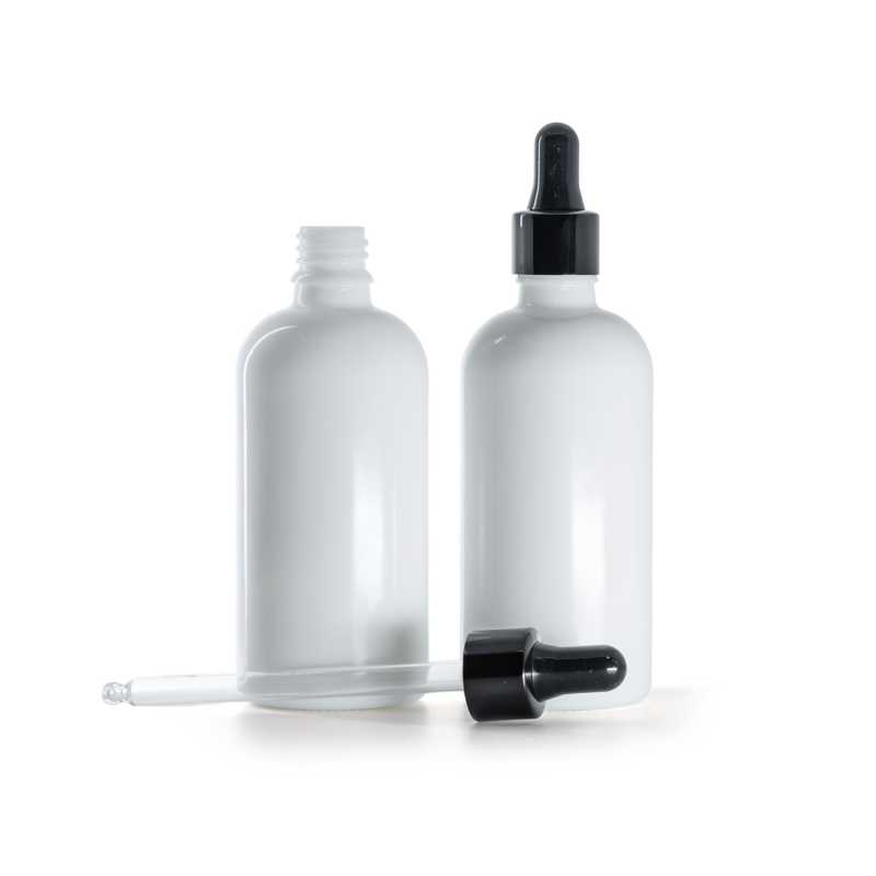 Botella de vidrio, blanca, cuentagotas negro brillante, 100 ml