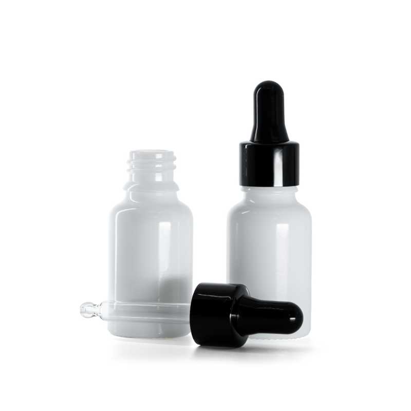 Frasco de vidrio, blanco, cuentagotas negro brillante, 15 ml