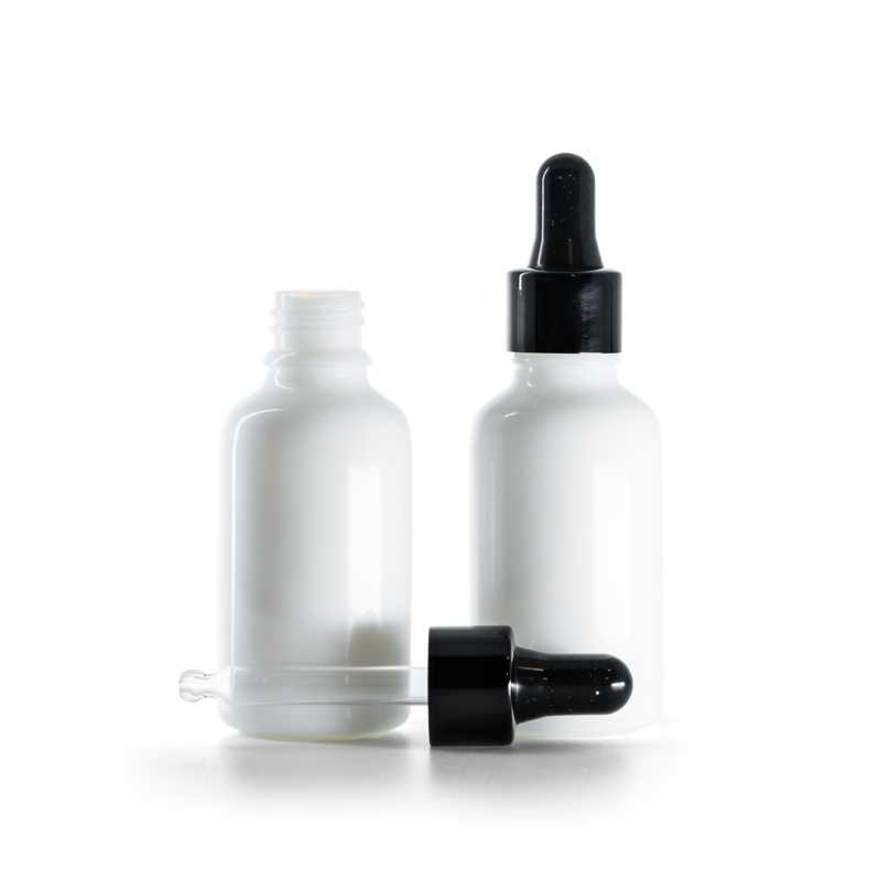Frasco de vidrio, blanco, cuentagotas negro brillante, 30 ml