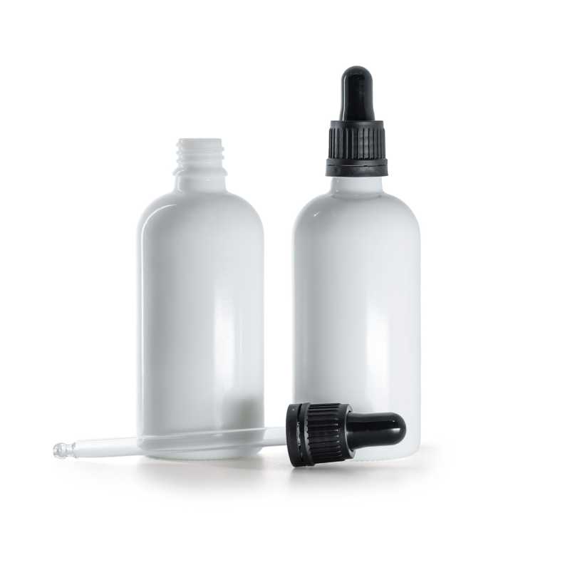 Botella de vidrio, blanca, cuentagotas negro mate, 100 ml