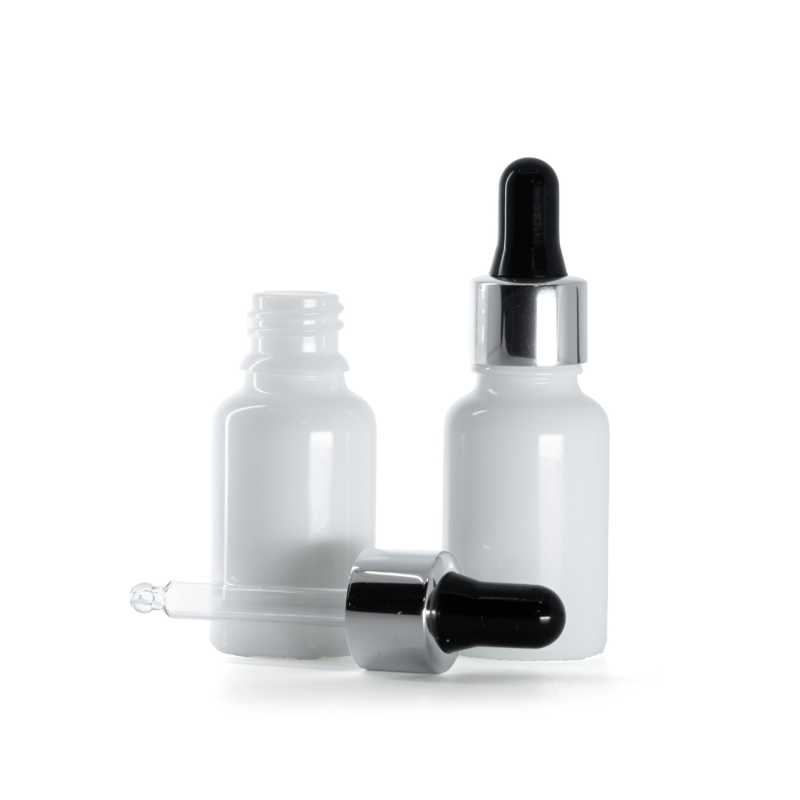 Botella de vidrio, cuentagotas negro plata, blanca, 15 ml