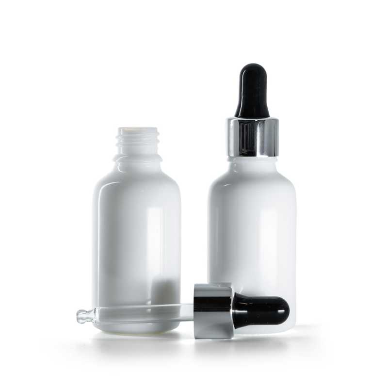 Frasco de vidrio, blanco, cuentagotas negro plateado brillante, 30 ml
