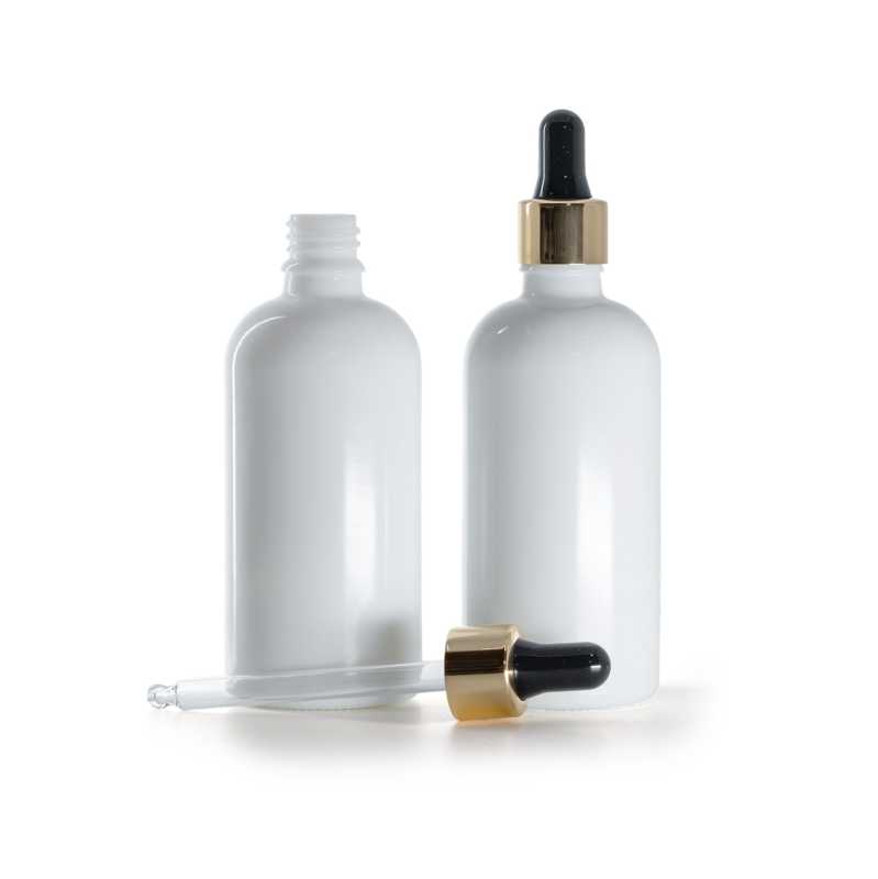 Frasco de vidrio, blanco, cuentagotas negro y dorado, 100 ml