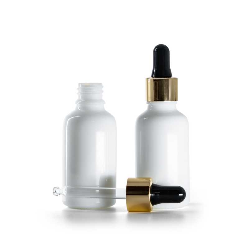 Frasco de vidrio, blanco, cuentagotas negro-dorado, 30 ml