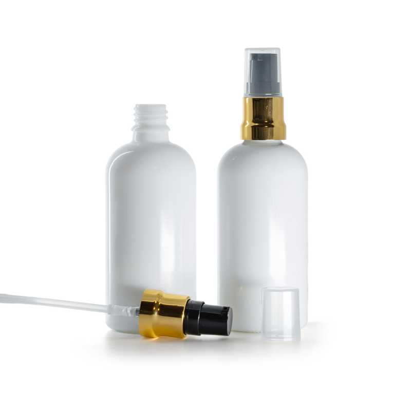 Frasco de vidrio, blanco, dispensador negro y dorado brillante con tapón transparente, 100 ml
