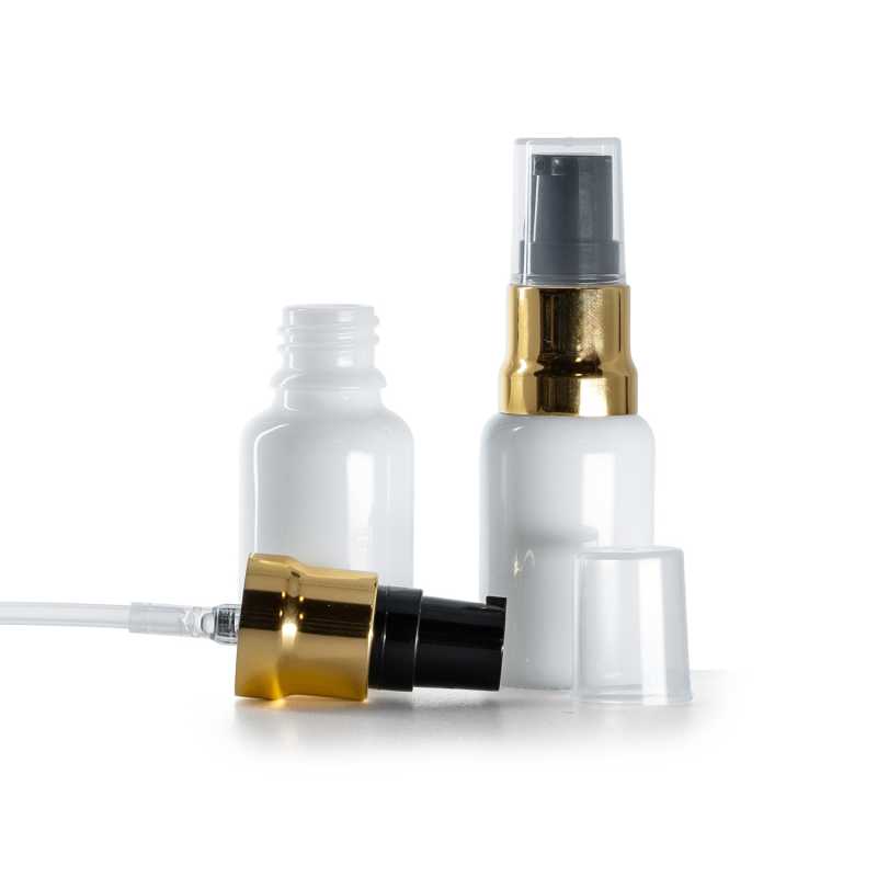 Frasco de vidrio, blanco, dispensador negro y dorado brillante, tapa transparente, 15 ml