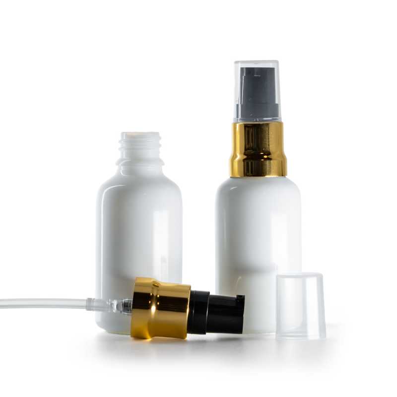 Frasco de vidrio, blanco, dosificador negro dorado brillante con tapón transparente, 30 ml
