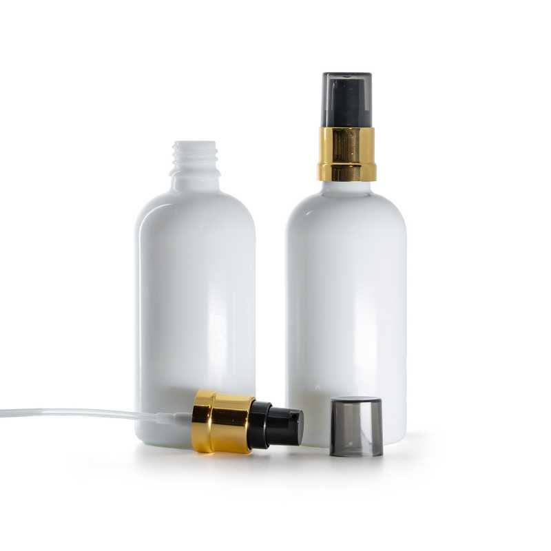 Frasco de vidrio blanco, bomba negra y dorada brillante con sobretapa ahumada, 100 ml