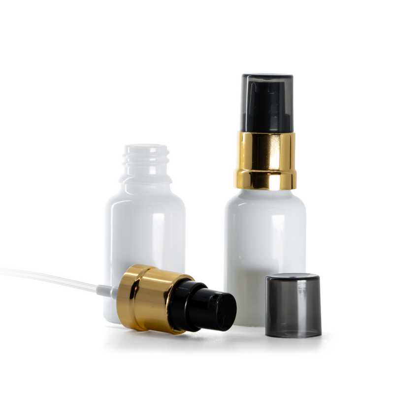 Frasco de vidrio blanco, bomba negra y dorada brillante con sobretapa ahumada, 15 ml