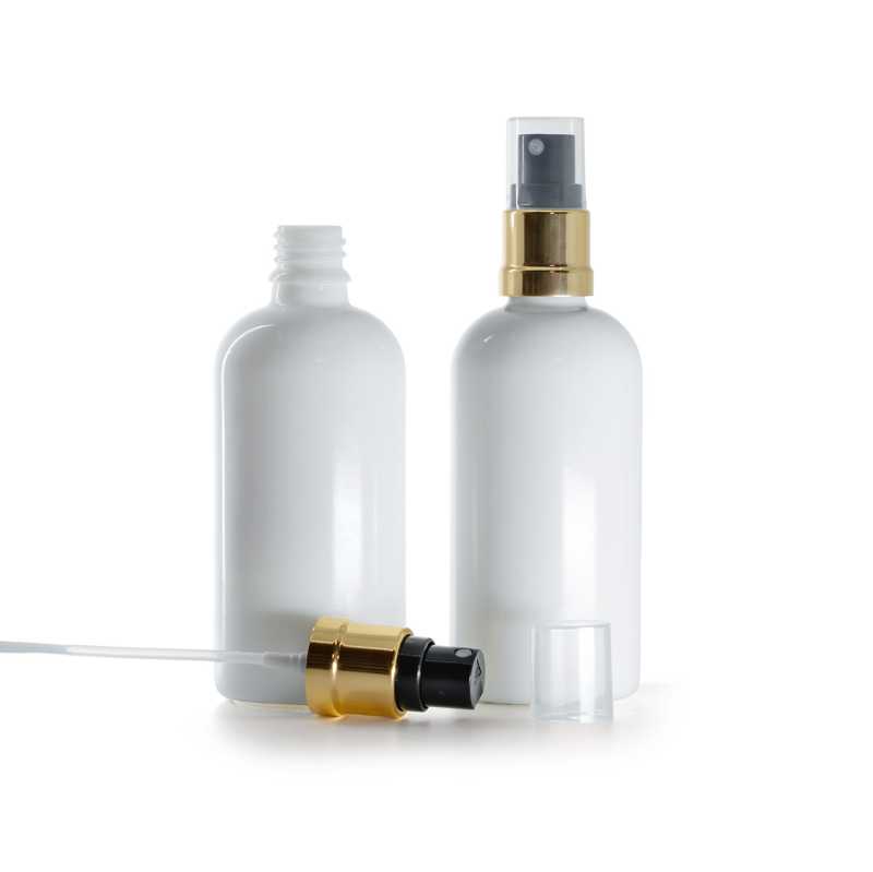Botella de vidrio, blanca, pulverizador negro dorado, 100 ml