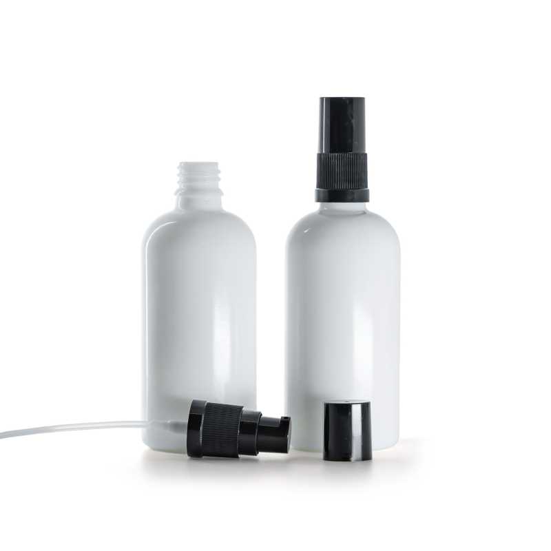Frasco de vidrio, blanco, bomba dosificadora negra, tapón negro, 100 ml