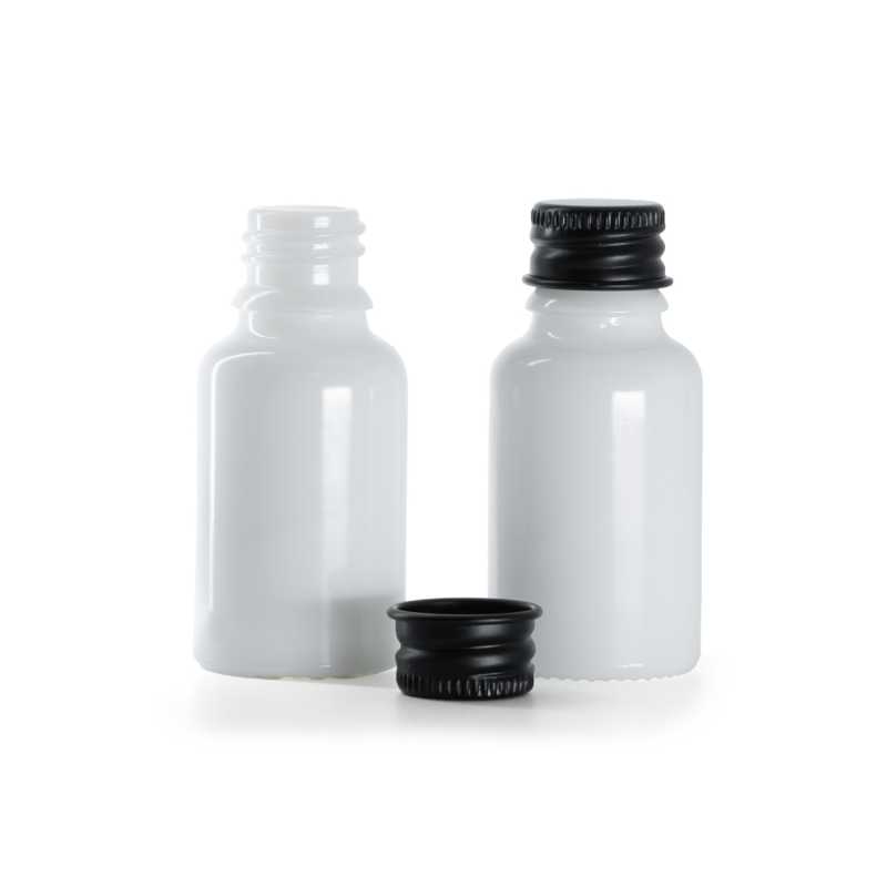 Frasco de vidrio, blanco, tapón de aluminio negro, 15 ml